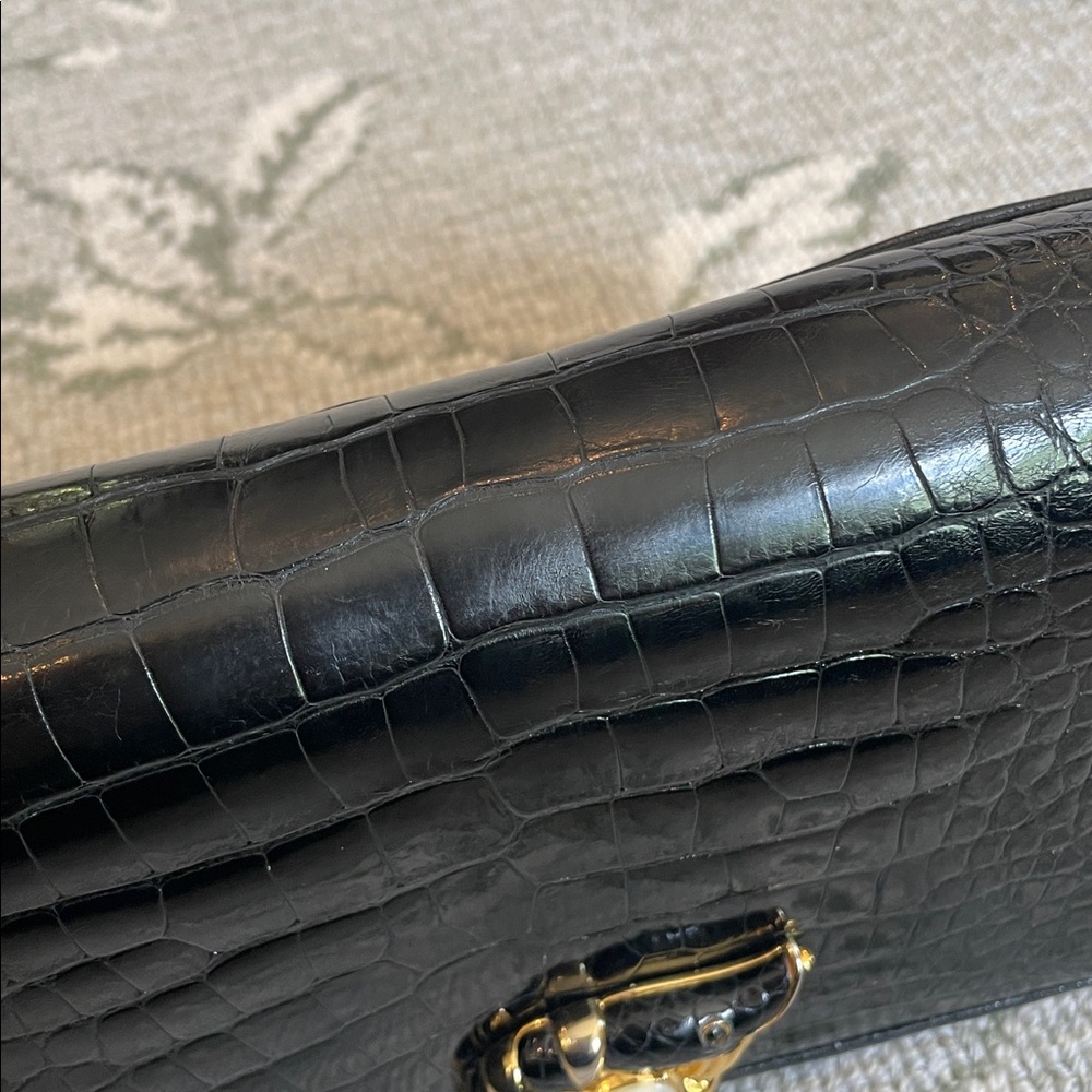 Judith Leiber Black Crocodile Clutch with Gold & Pearl Detailing - Picture 6 of 10